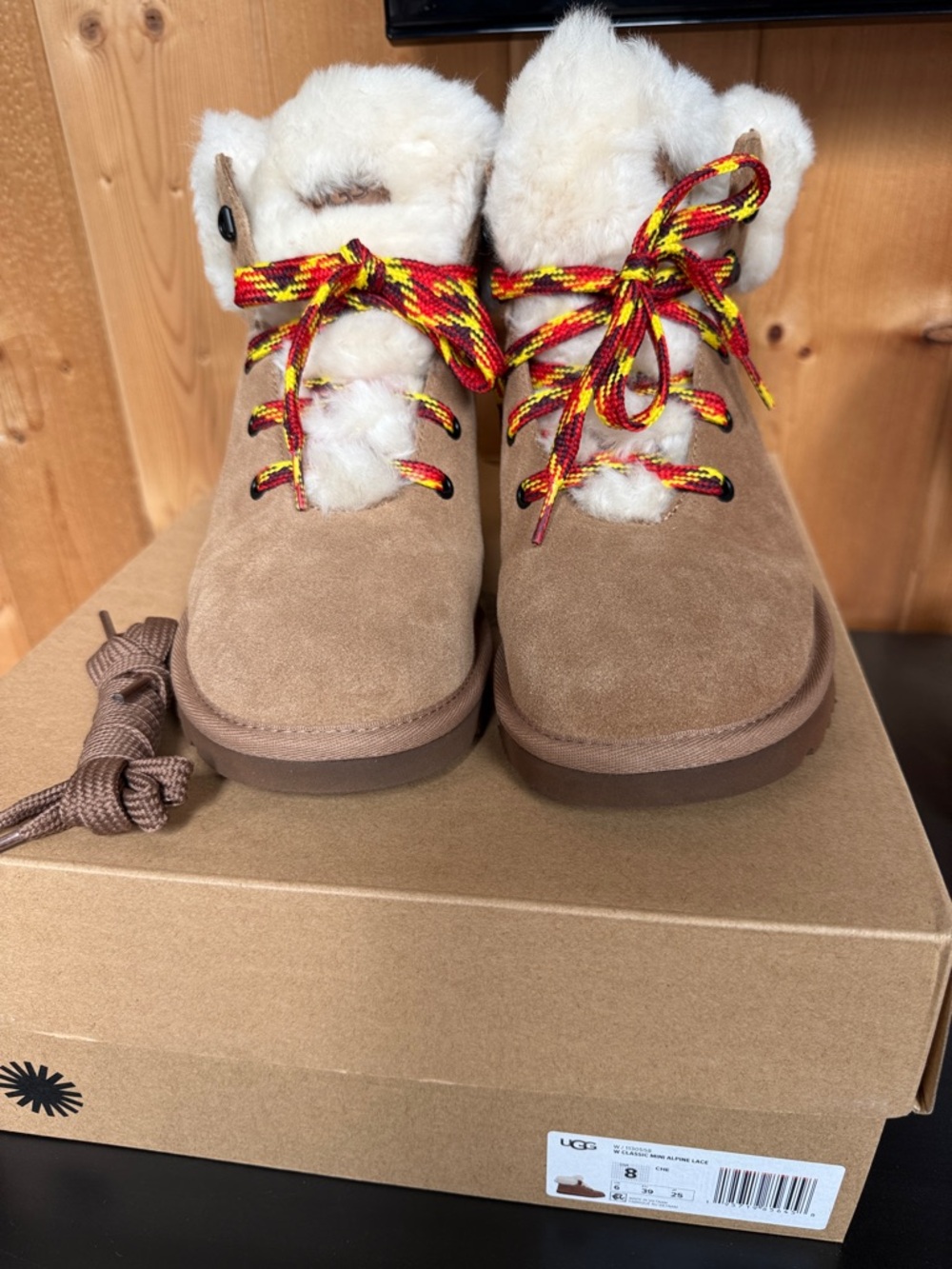 UGG Chestnut Suede Shearling Lace-Up Boot with Red and Yellow Laces